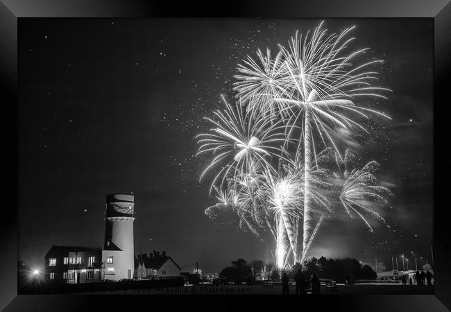 Amazing fireworks at night over lighthouse Framed Print by Simon Bratt LRPS