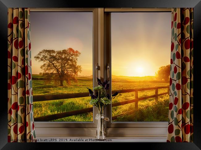 Window with stunning rural sunset view Framed Print by Simon Bratt LRPS