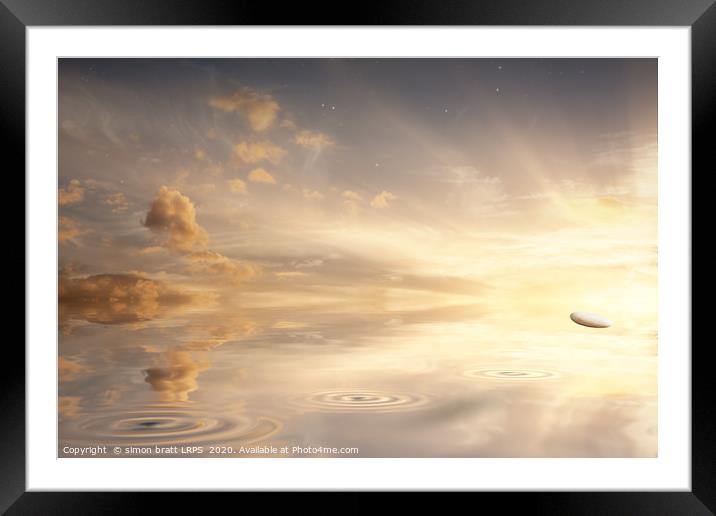 Stone skipping across a calm ocean with sunrise Framed Mounted Print by Simon Bratt LRPS