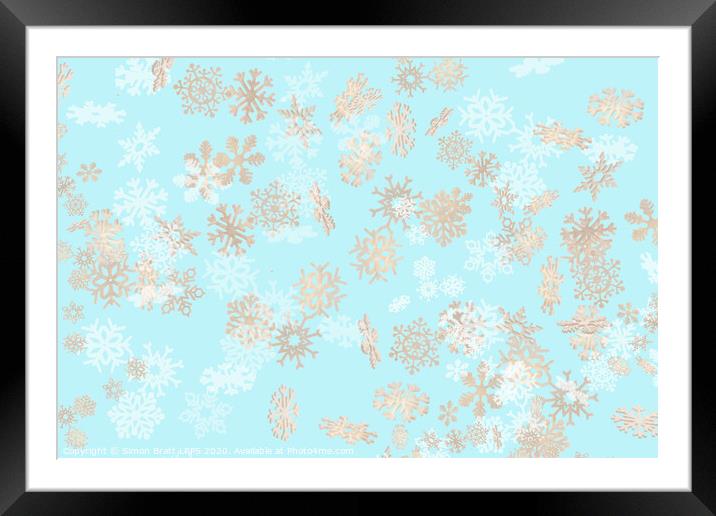 Falling snowflakes pattern on blue background Framed Mounted Print by Simon Bratt LRPS