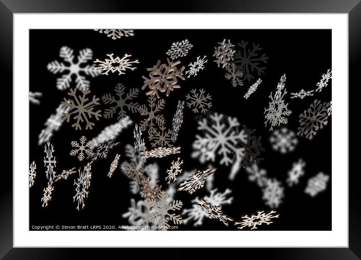 Stylish falling snowflakes pattern on black Framed Mounted Print by Simon Bratt LRPS