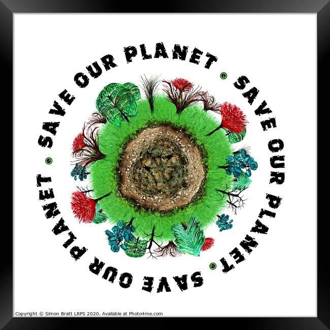Planet earth icon with slogan Framed Print by Simon Bratt LRPS