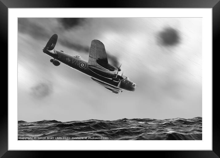 Lancaster bomber crashing into the sea BW Framed Mounted Print by Simon Bratt LRPS