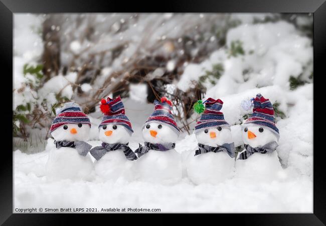 Five cute snowmen dressed for winter Framed Print by Simon Bratt LRPS