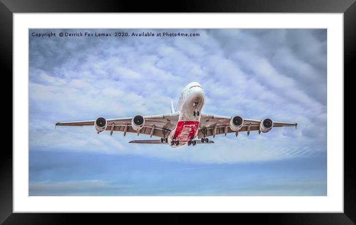 Airbus A380 Landing at Manchester Airport Framed Mounted Print by Derrick Fox Lomax