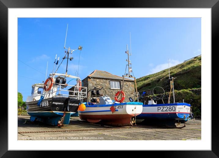 Boats on Mullion Cove slipway pulled up to avoid a storm . Framed Mounted Print by Chris Warham