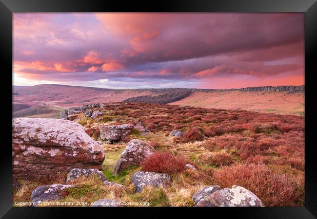 Sunset and dramatic sky over Stanage Edge - Peak District  Framed Print by Chris Warham