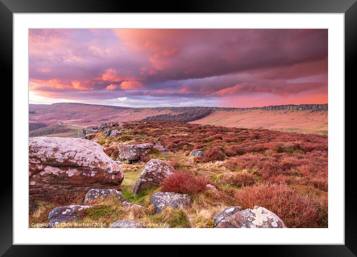 Sunset and dramatic sky over Stanage Edge - Peak District  Framed Mounted Print by Chris Warham