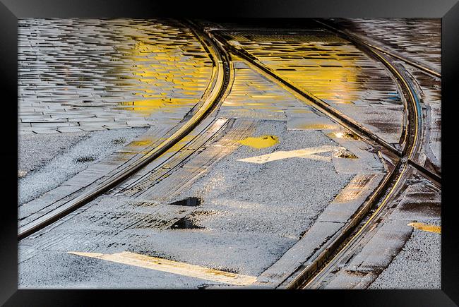 Manchester reflections of a commuter tram Framed Print by Chris Warham