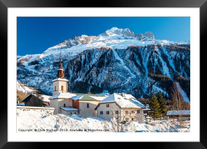 Argentiere village and church in winter.  Framed Mounted Print by Chris Warham