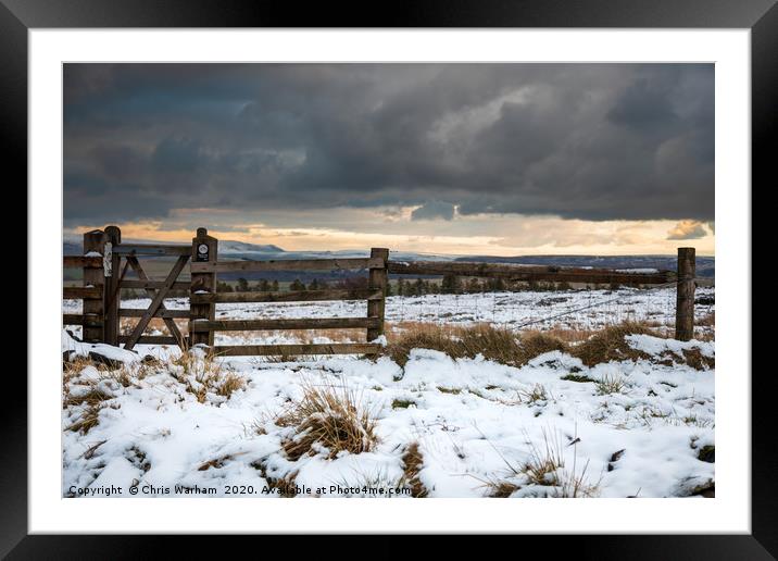 Peak District Gate - stormy winter sky in snow. Framed Mounted Print by Chris Warham