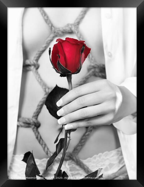 Wall Art print MXI22872: Woman with Red rose in Sensual Bondage photograph Framed Print by MaximImages Wall Art