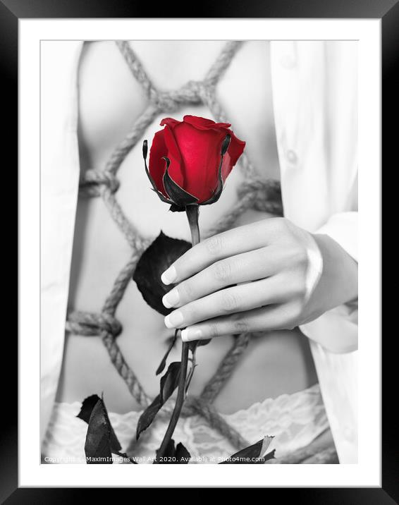 Wall Art print MXI22872: Woman with Red rose in Sensual Bondage photograph Framed Mounted Print by MaximImages Wall Art