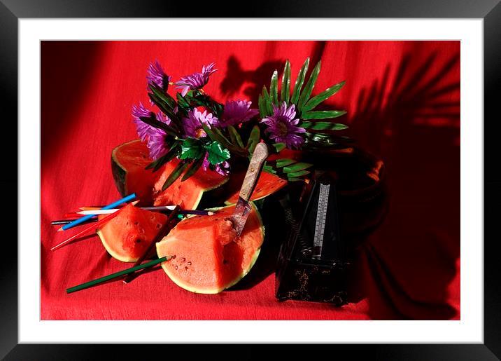  Water melon flowers and a metronome Framed Mounted Print by Jose Manuel Espigares Garc