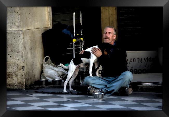 Homeless man with dog Framed Print by Jose Manuel Espigares Garc