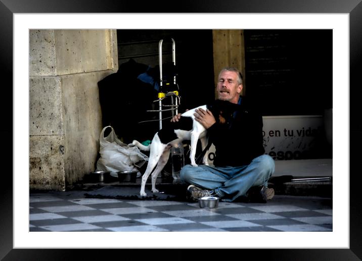 Homeless man with dog Framed Mounted Print by Jose Manuel Espigares Garc
