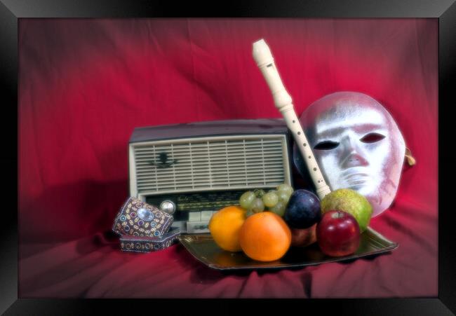 Still life with an old radio, mask and some fruit Framed Print by Jose Manuel Espigares Garc