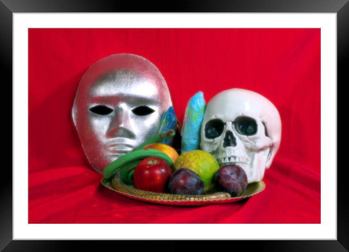 Still life with fruit, a skull and a mask Framed Mounted Print by Jose Manuel Espigares Garc