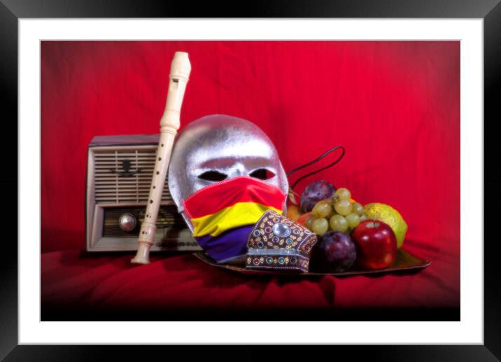 Still life with an old radio, mask and some fruit Framed Mounted Print by Jose Manuel Espigares Garc