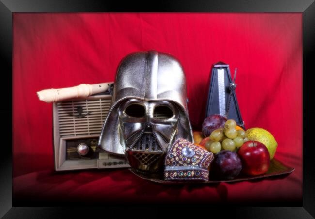 Still life with an old radio, mask and some fruit Framed Print by Jose Manuel Espigares Garc