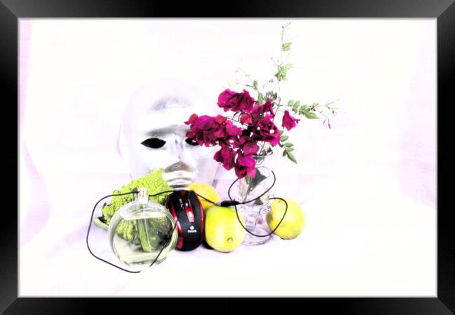 Broccoli, lemons, perfume, a mouse, a,mask and flowers in high key Framed Print by Jose Manuel Espigares Garc
