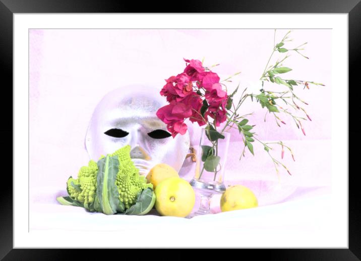Broccoli, lemons, mask and flowers in high key Framed Mounted Print by Jose Manuel Espigares Garc
