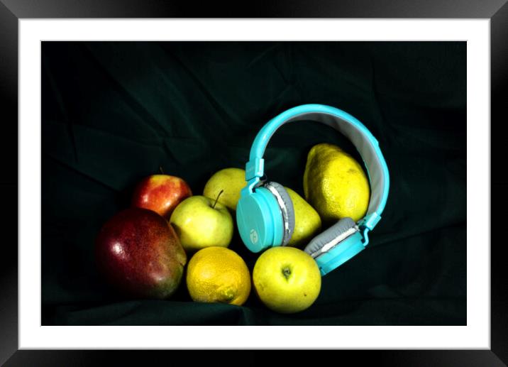 Still life with fruit and blue headphones Framed Mounted Print by Jose Manuel Espigares Garc