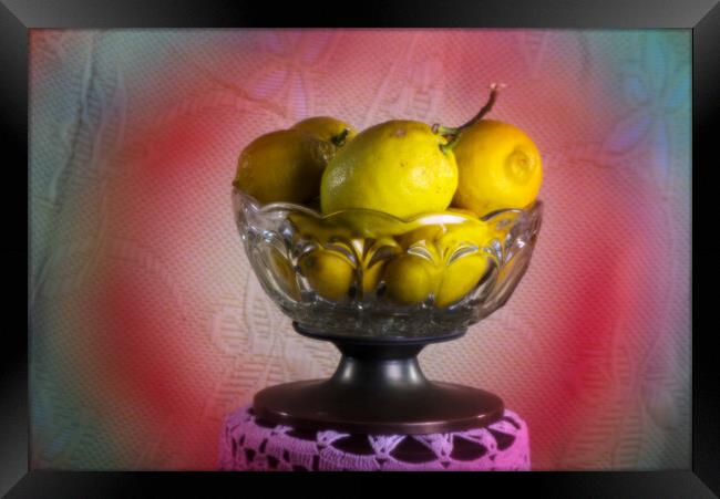 Rather ninimalistic still life with a glass bowl full of fruit Framed Print by Jose Manuel Espigares Garc