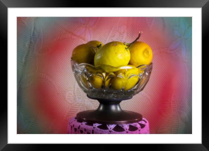 Rather ninimalistic still life with a glass bowl full of fruit Framed Mounted Print by Jose Manuel Espigares Garc