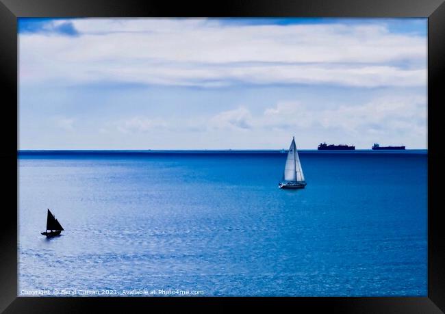 Vessels in the bay. Mounts Bay  Cornwall  Framed Print by Beryl Curran