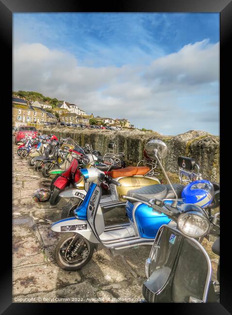 Nostalgic Scooter Scene at Mousehole Harbour Framed Print by Beryl Curran