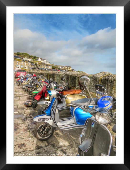 Nostalgic Scooter Scene at Mousehole Harbour Framed Mounted Print by Beryl Curran