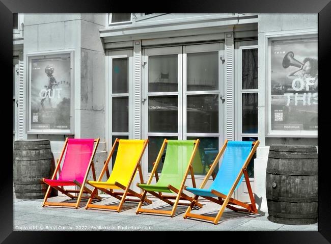 Vibrant Beachside Seating Framed Print by Beryl Curran