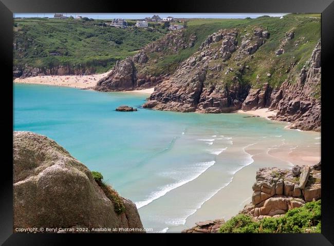 Serene Beauty of Porthcurno and Pedn Vounder Framed Print by Beryl Curran