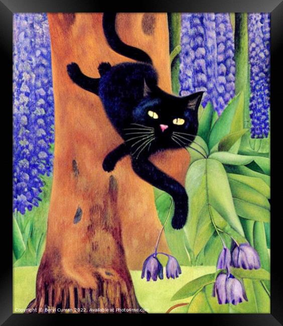 Lazy Black Cat in the Purple Forest Framed Print by Beryl Curran