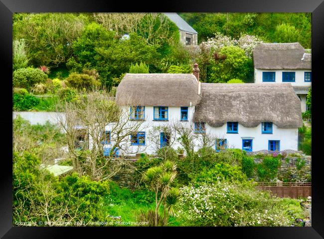 Blue Framed Thatched Cottages in Cadgwith Cove Framed Print by Beryl Curran