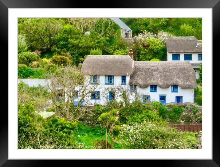 Blue Framed Thatched Cottages in Cadgwith Cove Framed Mounted Print by Beryl Curran