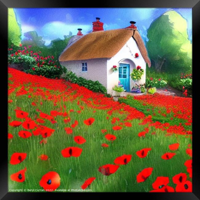 Quaint Thatched Cottage amid Wild Poppies Framed Print by Beryl Curran