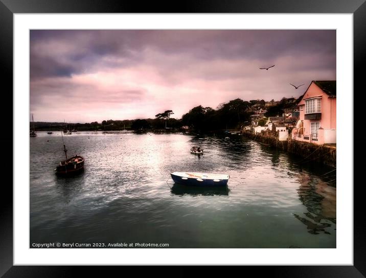 Serene Boats in Moody Pink and Blue Skies Framed Mounted Print by Beryl Curran