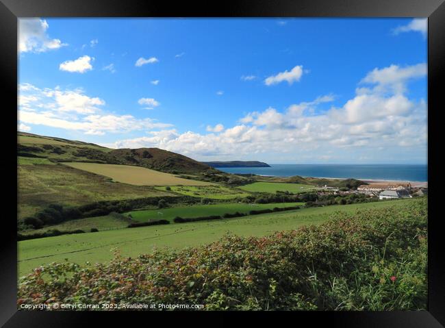 Woolacombe. Green fields and blue bay Framed Print by Beryl Curran