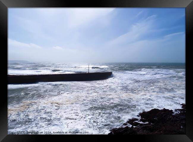 Porthleven Pier Storm Kathleen arriving  Framed Print by Beryl Curran