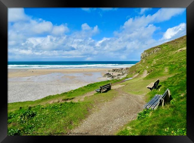 Seats with a view Porthtowan Framed Print by Beryl Curran