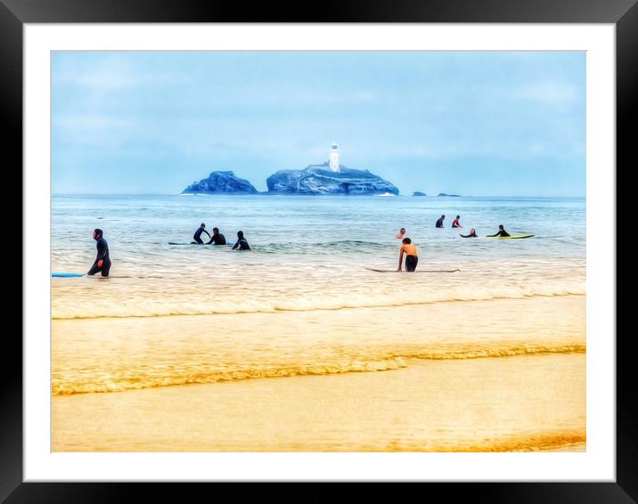 Majestic Godrevy Lighthouse Overlooking Surfers Framed Mounted Print by Beryl Curran