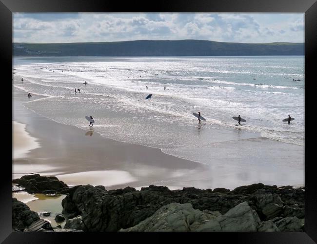 Riding the Waves at Woolacombe Beach Framed Print by Beryl Curran