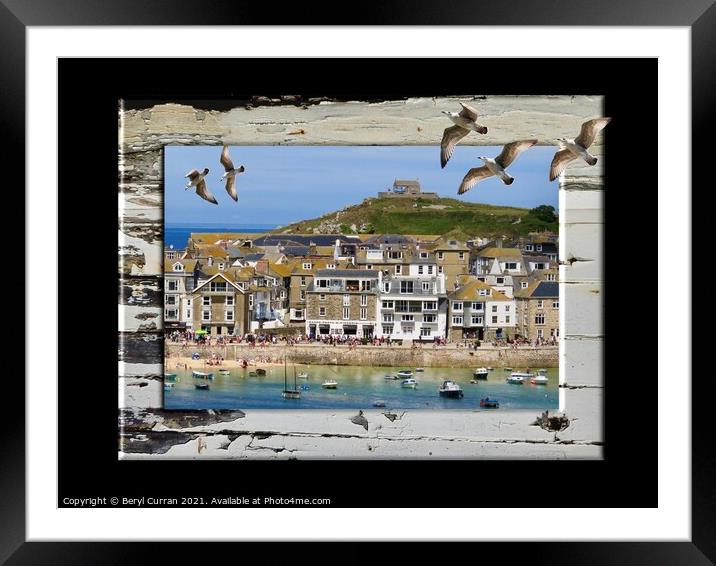 Majestic Seagulls Soaring over St Ives Framed Mounted Print by Beryl Curran