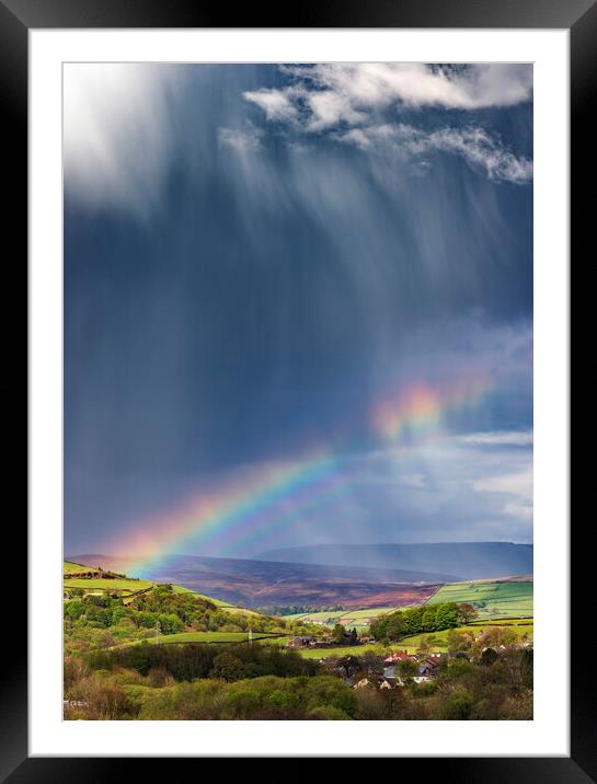 Dramatic skies over Derbyshire with double rainbow Framed Mounted Print by John Finney