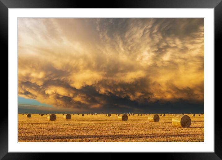 Mammatus clouds & Hay-bails at sunset Framed Mounted Print by John Finney