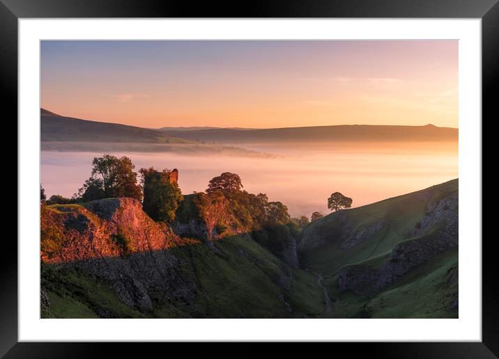 Peveril Castle Red sunrise. Peak District Framed Mounted Print by John Finney