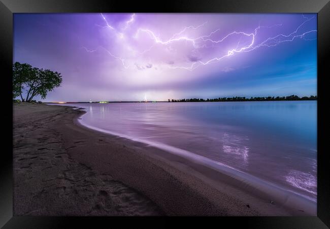 Lake McConaughy lightning, Nebraska  Framed Print by John Finney
