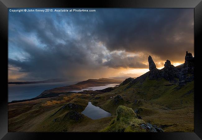 Old Man of Storr in Squally conditions, Isle of Sk Framed Print by John Finney